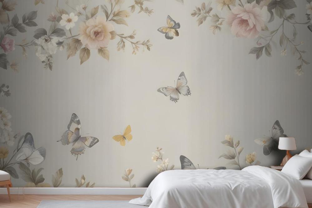 Floral Wallpaper Pattern With Delicate Butterflies Mural