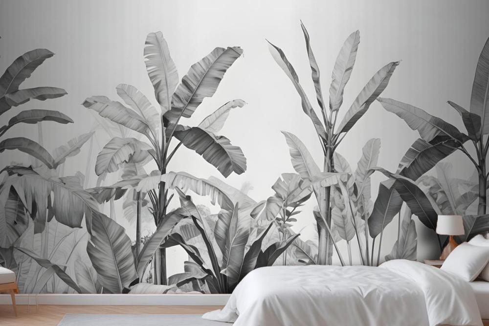Grayscale Vintage Tropical Plants Wallpaper Mural