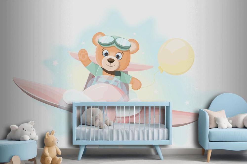 Happy Teddy Bear Flying On An Airplane Wallpaper Mural