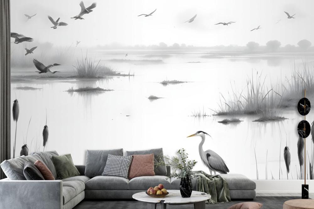 Heron Sketch In Misty Wetlands With Flying Birds Wallpaper Mural