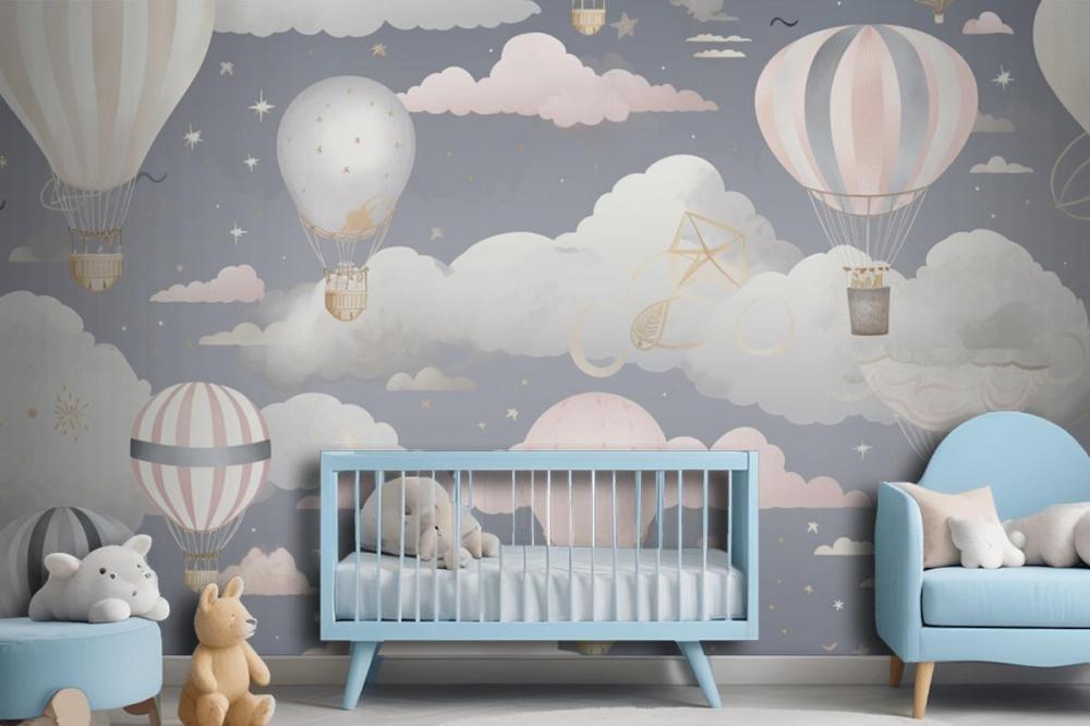Hot Air Balloons Flying In The Sky With Clouds Wallpaper Mural