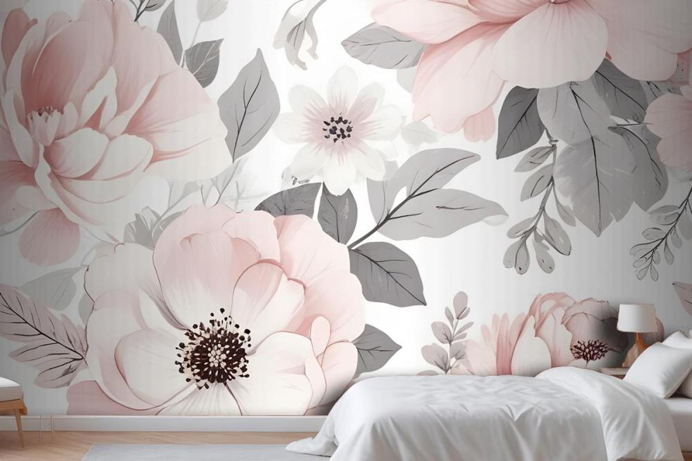 Large Pink And Gray Floral Pattern With Various Wallpaper Mural