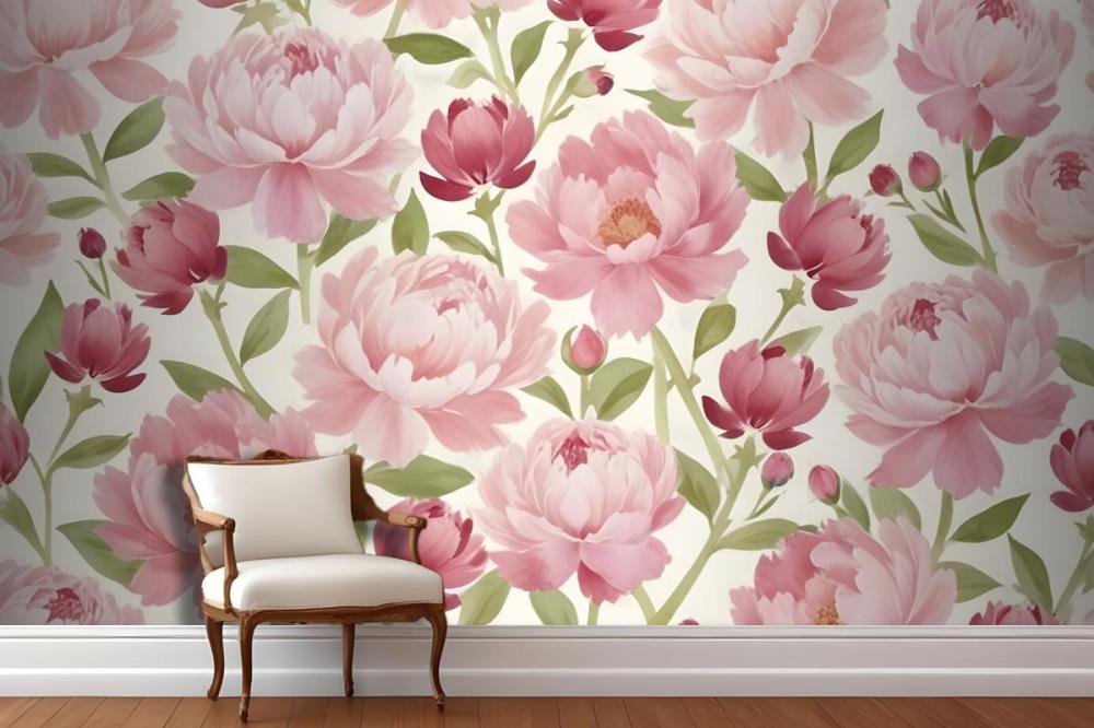 Large Pink Peony Flowers With Green Leaves On A Light Wallpaper Mural