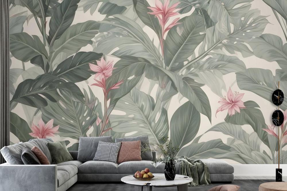 Light Background Large Green Leaves Pink Flowers Tropical Foliage Pattern Wallpaper Mural