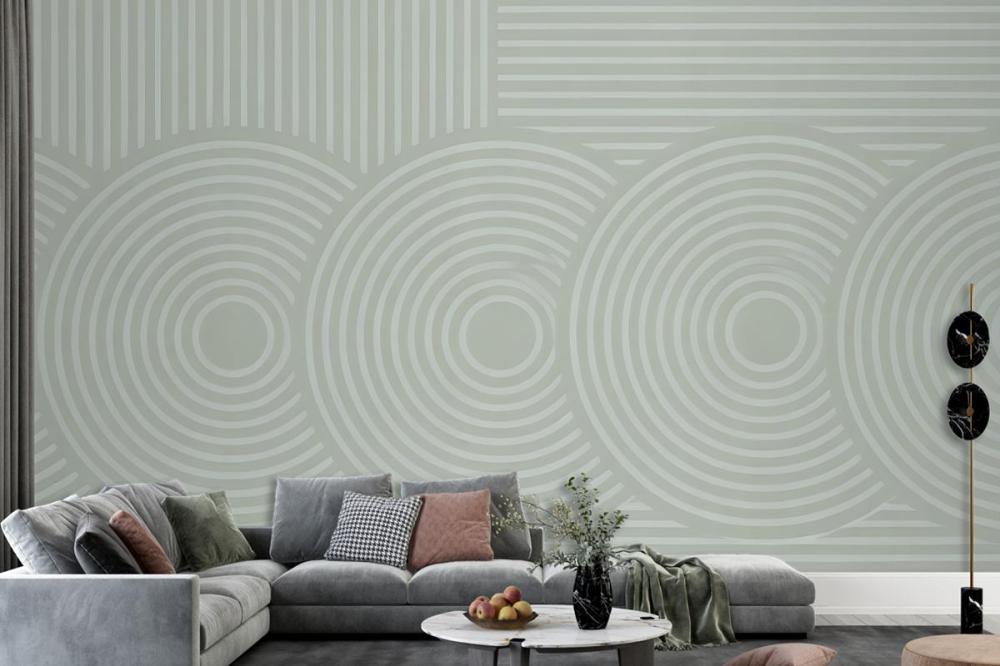 Light Green Background Concentric Circles Vertical Lines Wallpaper Mural