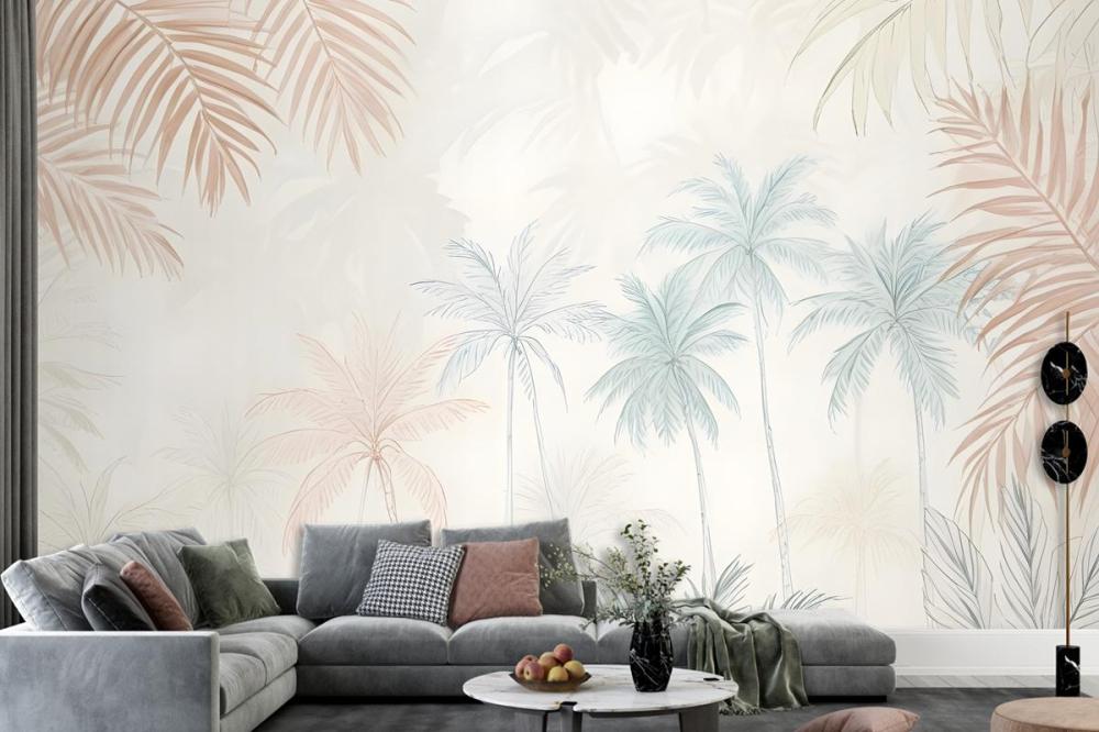 Minimalist Pink & Green Inky Tropical Wallpaper Mural