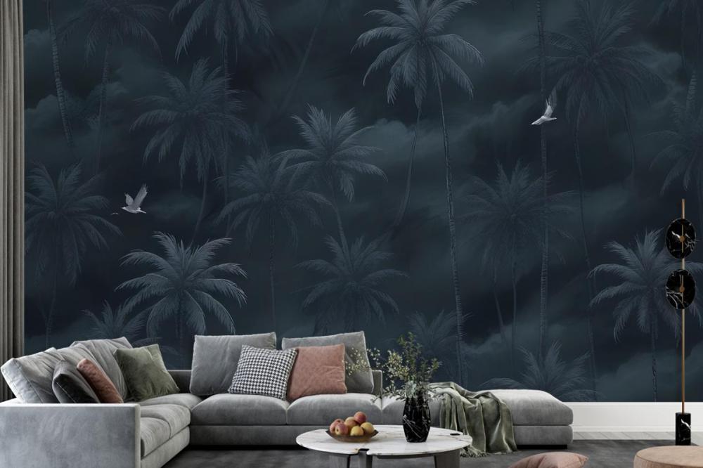 Moody Stormy Sky Dark Tropical Palm Trees Silhouettes Birds Wallpaper Mural