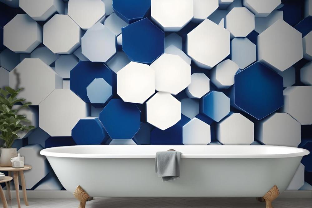 Overlapping Hexagon In Shades Of Blue And White Wallpaper Mural