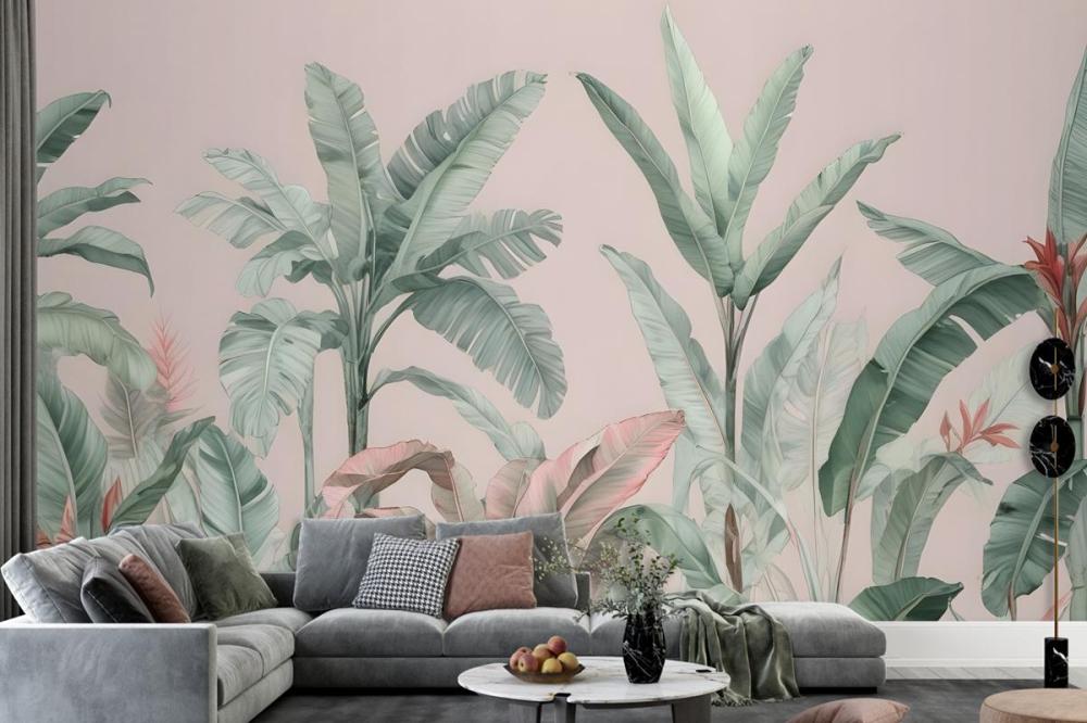 Pastel Pink & Green Vintage Tropical Wallpaper Mural
