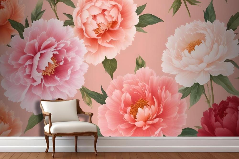 Pink And Peach Peonies With Green Leaves On A Light Pink Wallpaper Mural