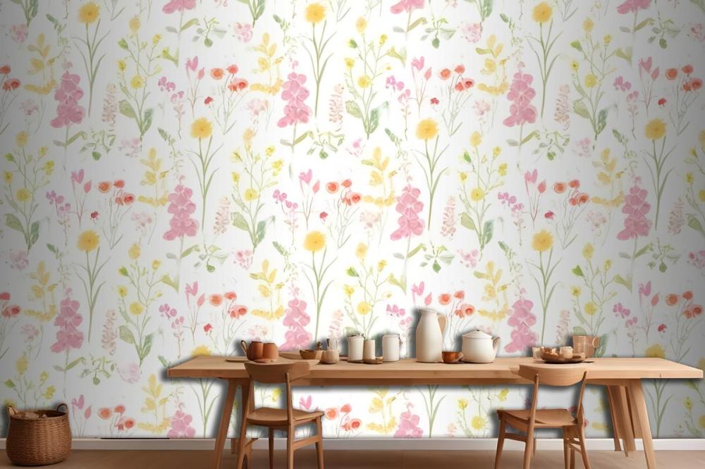 Pink Foxglove & Forget Me Not Flower Garden Wallpaper Mural