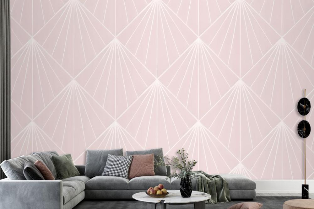 Seamless Geometric Pattern With White Radiating Lines On A Light Pink Wallpaper Mural