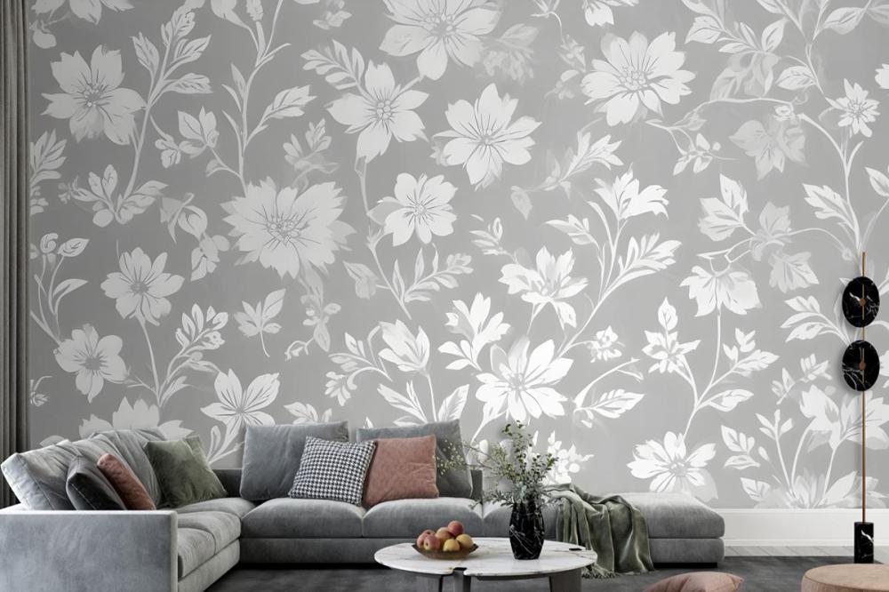 Seamless Pattern Of White Floral Silhouettes On A Light Gray Wallpaper Mural