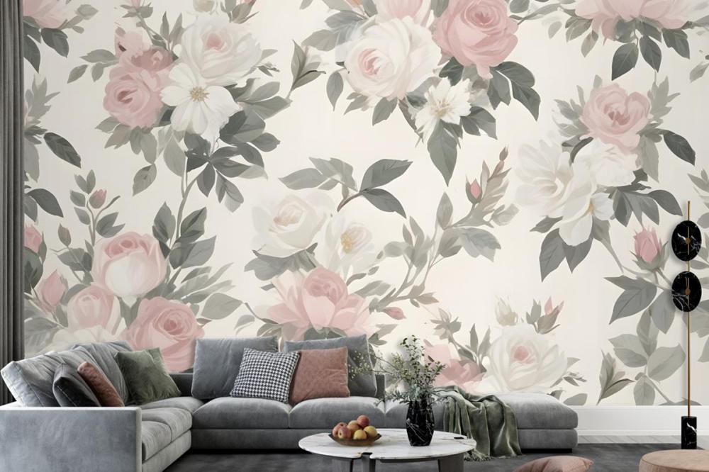 Soft Muted Floral Pattern Large Pink White Flowers Rose Green Leaves Wallpaper Mural