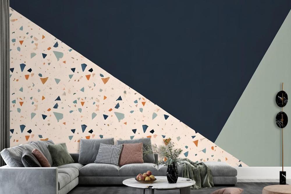 Terrazzo Style Pattern With Various Shapes Blue And Light Green Wallpaper Mural