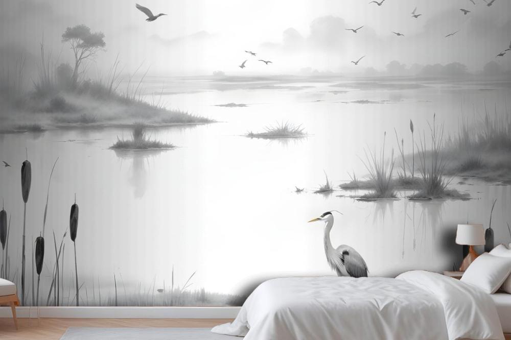 Traditional Chinese Black & White Ink Lake Wallpaper Mural