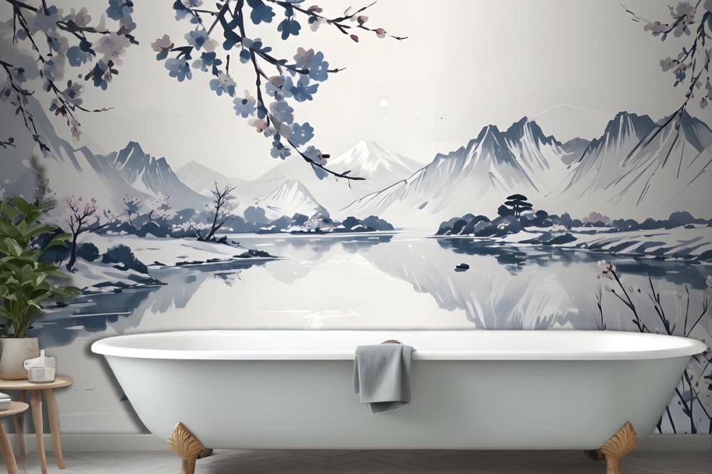 Traditional Chinese Willow & Mountain Ink Wallpaper Mural