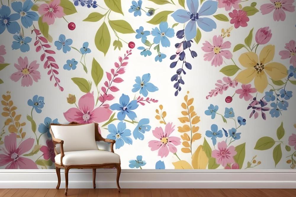 Various Flowers In Shades Of Pink Blue Yellow And Green Wallpaper Mural