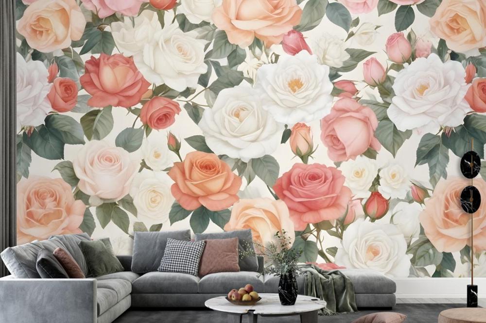 Vibrant Floral Pattern Featuring Various Types Of Pink, White, And Peach Roses Wallpaper Mural
