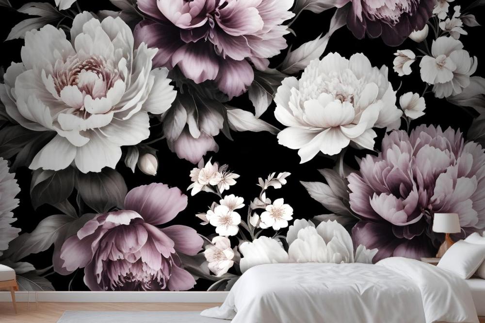 Vintage Dark Large Peony Flower  Bedroom Wallpaper Mural
