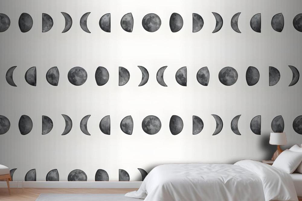 Watercolor Fullmoon Crescent Pattern Wallpaper Mural