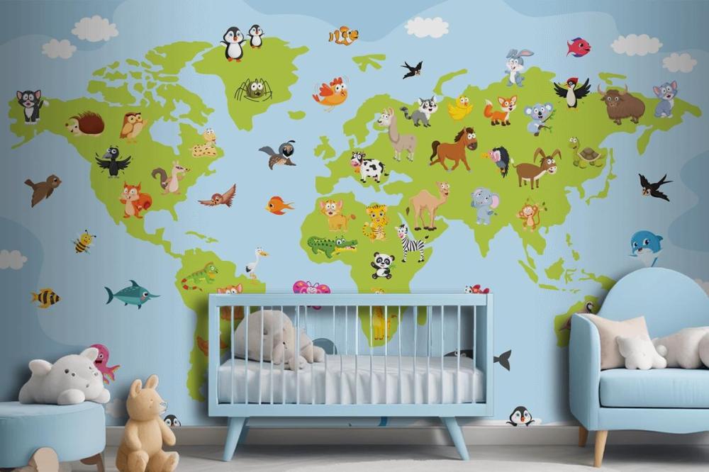 World Map With Cartoon Animals Wallpaper Mural