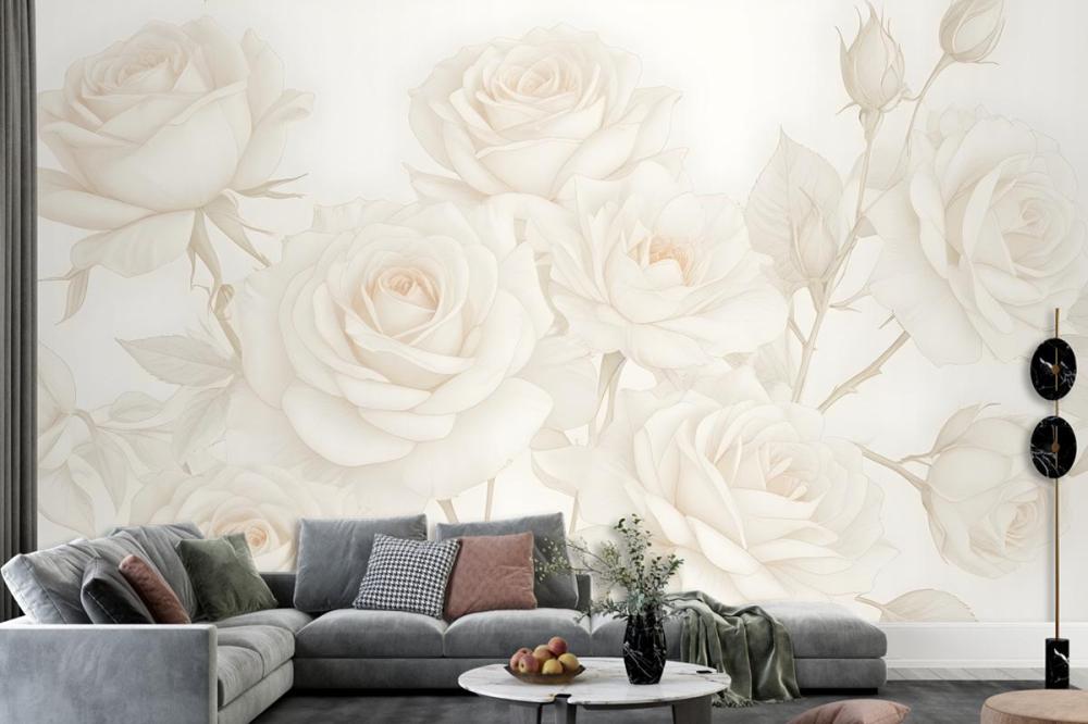 Yellow Large Illustrated Roses Wallpaper Mural