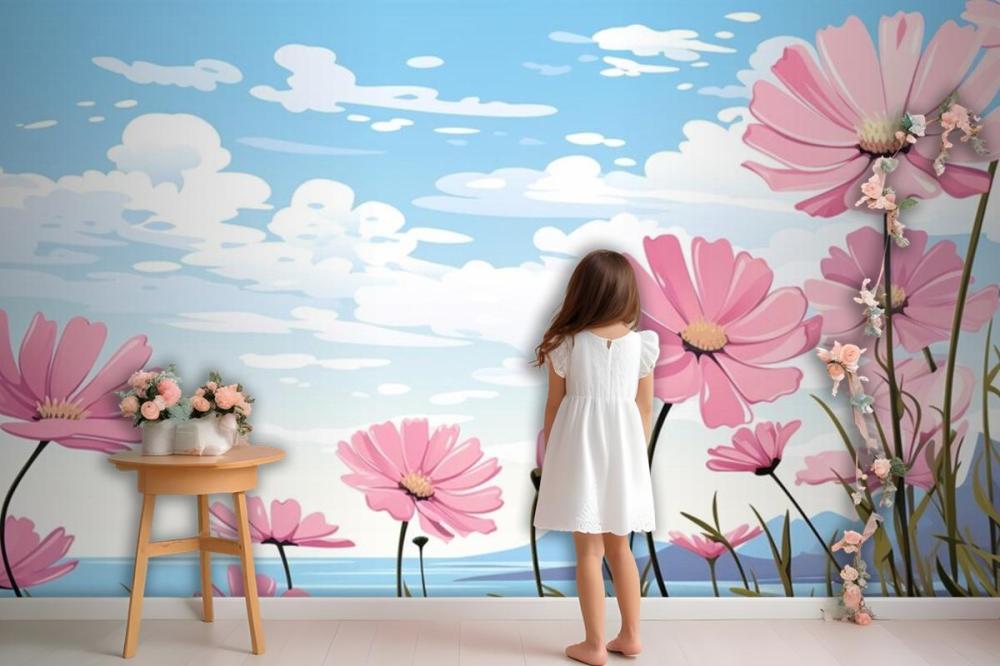 A Painting Of Pink Flowers In The Sky With The Words Daisies Wallpaper Mural