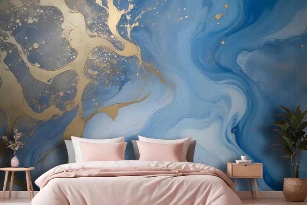 Abstract Blue And Gold Fluid Art Painting Bedroom Wallpaper Mural