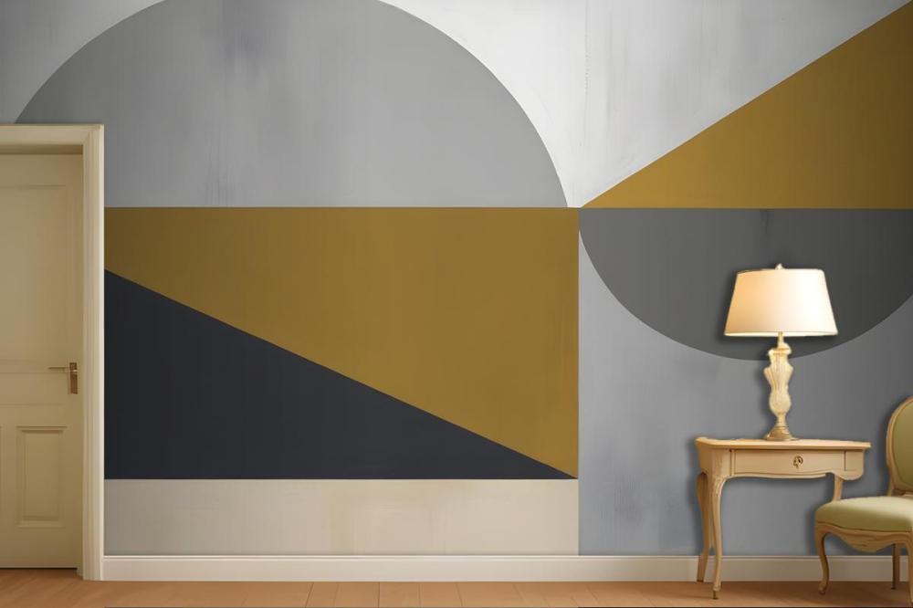 Abstract Geometric Shapes In Shades Of Gray Yellow And Black Wallpaper Mural