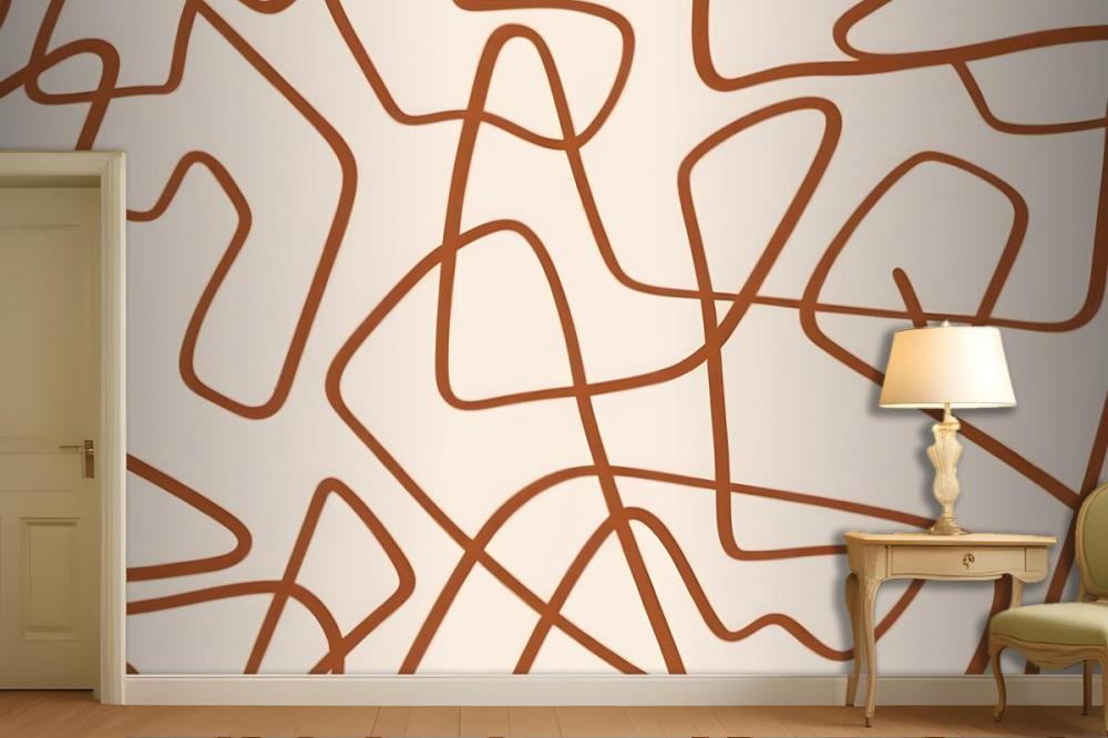 Abstract Pattern Of Organic, Curving Lines In A Warm Brown Color On A Light Wallpaper Mural