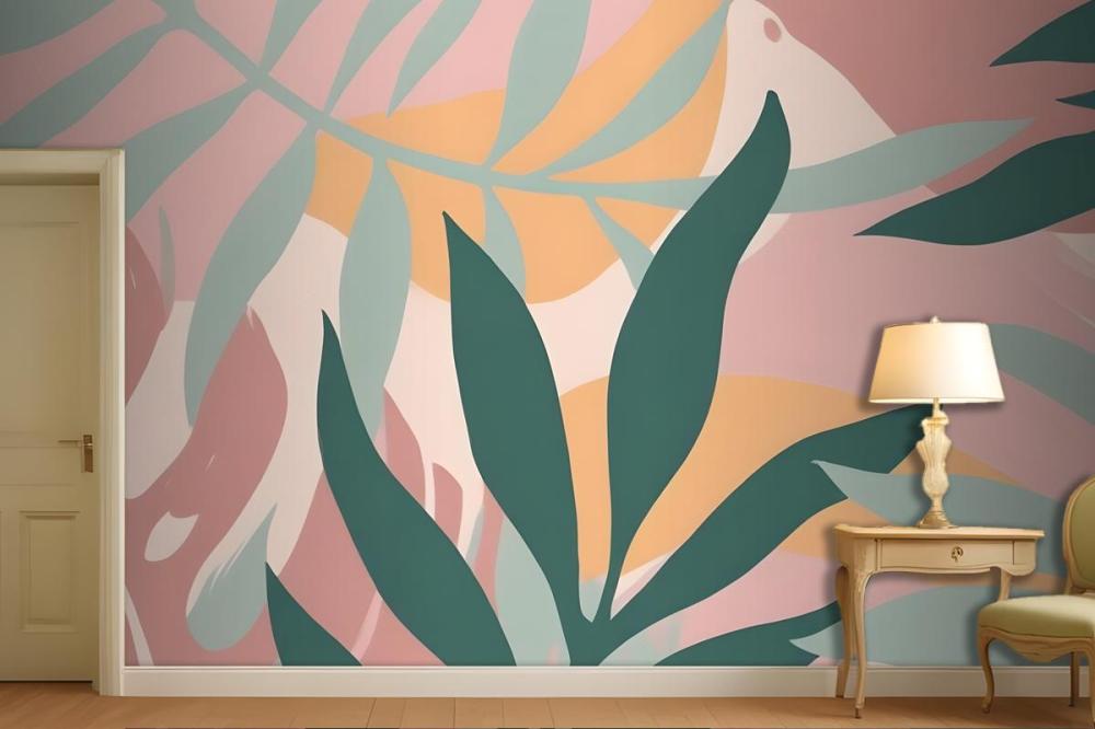 Abstract Tropical Leaves And Shapes In Pastel Colors On A Pink Wallpaper Mural