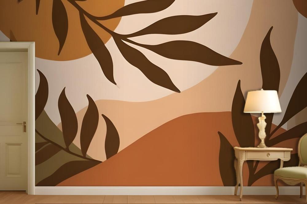 Autumn Leaves In Warm Colors Against A Beige Wallpaper Mural