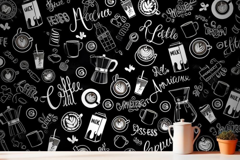 Black & White Coffee Cup Pattern Wallpaper Mural