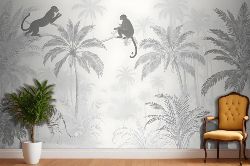 Black And White Jungle Palm Trees Flowers Animal Silhouettes Wallpaper Mural