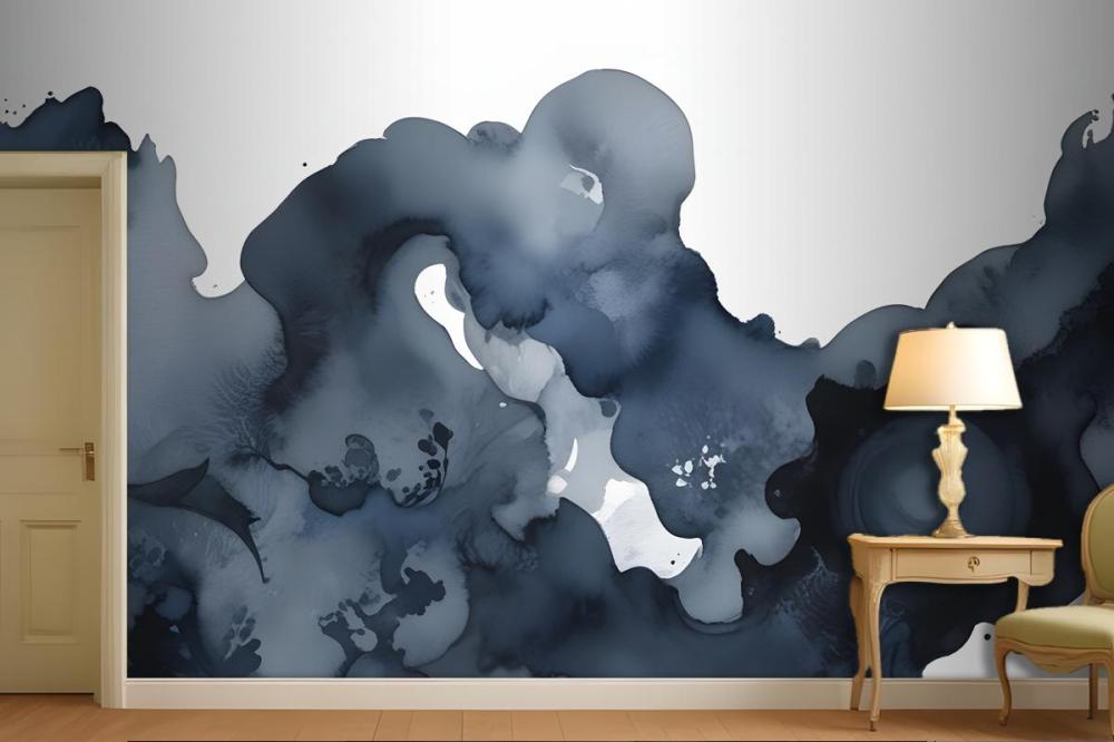 Blue Moody Abstract Watercolor Painting Wallpaper Mural