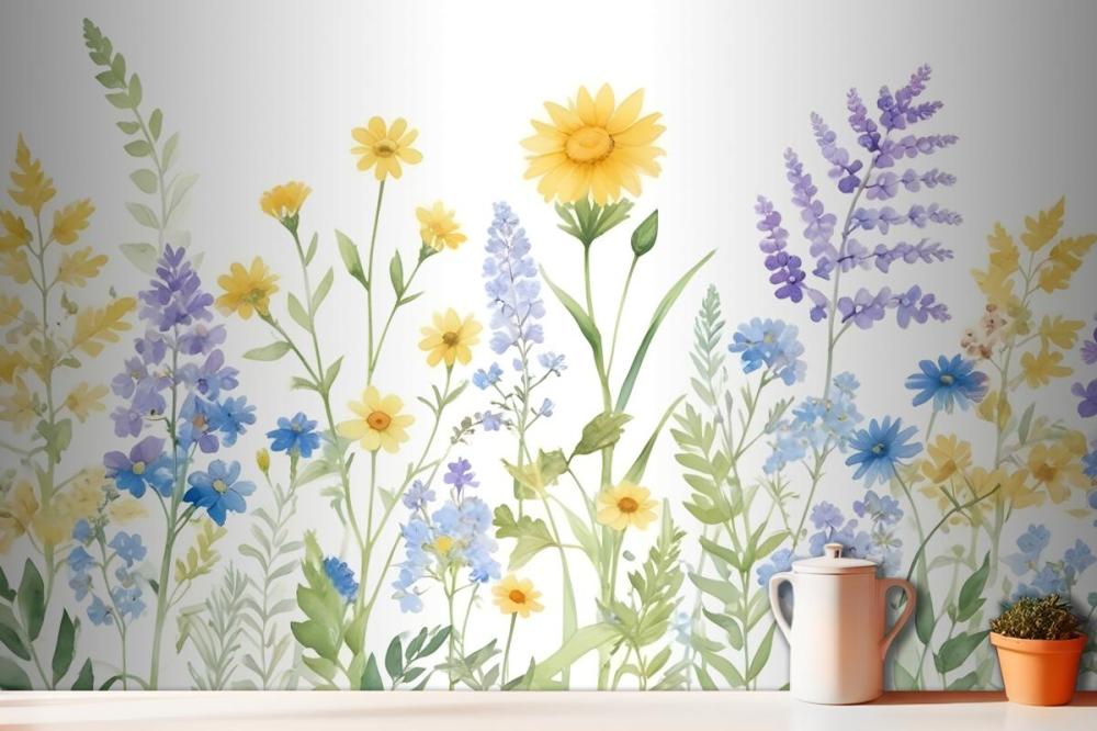 Bright Lilac & Green Watercolor Wildflower Wallpaper Mural