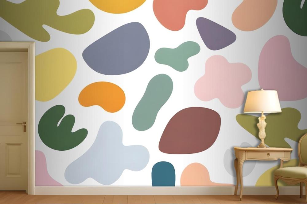 Colorful Abstract Shapes In Various Pastel Tones Including Circles Arranged In A Random Pattern On A White Wallpaper Mural