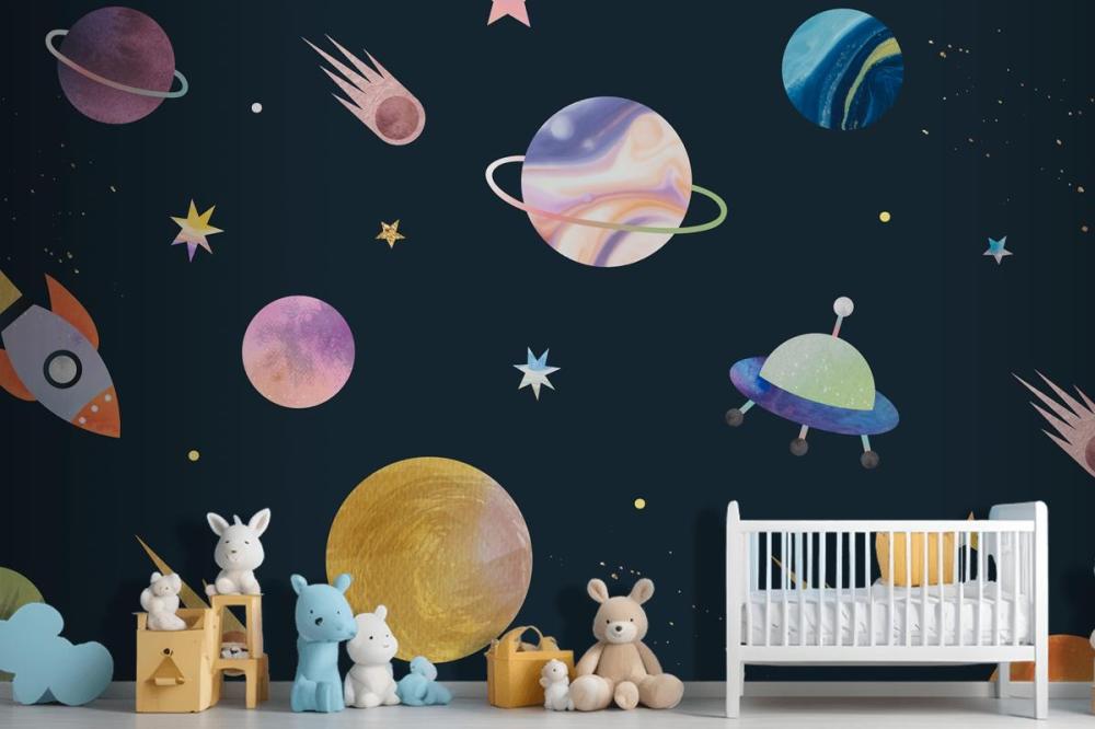 Colorful Galaxy Watercolor Doodle On Black Wallpaper Mural