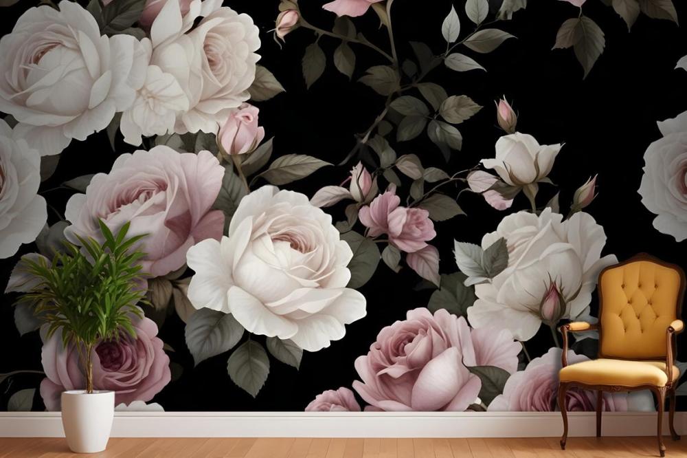 Dark Background Large Pink White Roses Green Leaves Wallpaper Mural