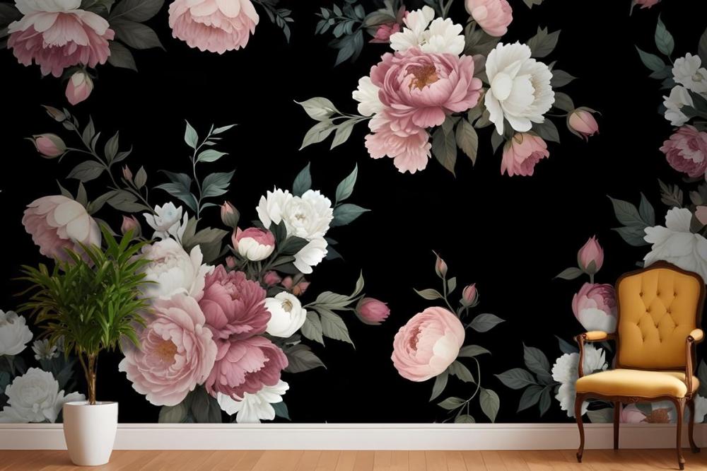 Dark Background Large Pink White Roses Peonies Other Flowers Wallpaper Mural
