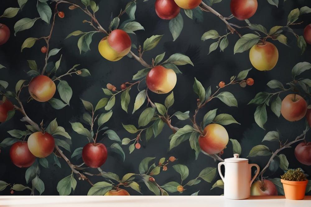Dark Green And Navy Vintage Botanical Fruit Repeat Pattern Wallpaper