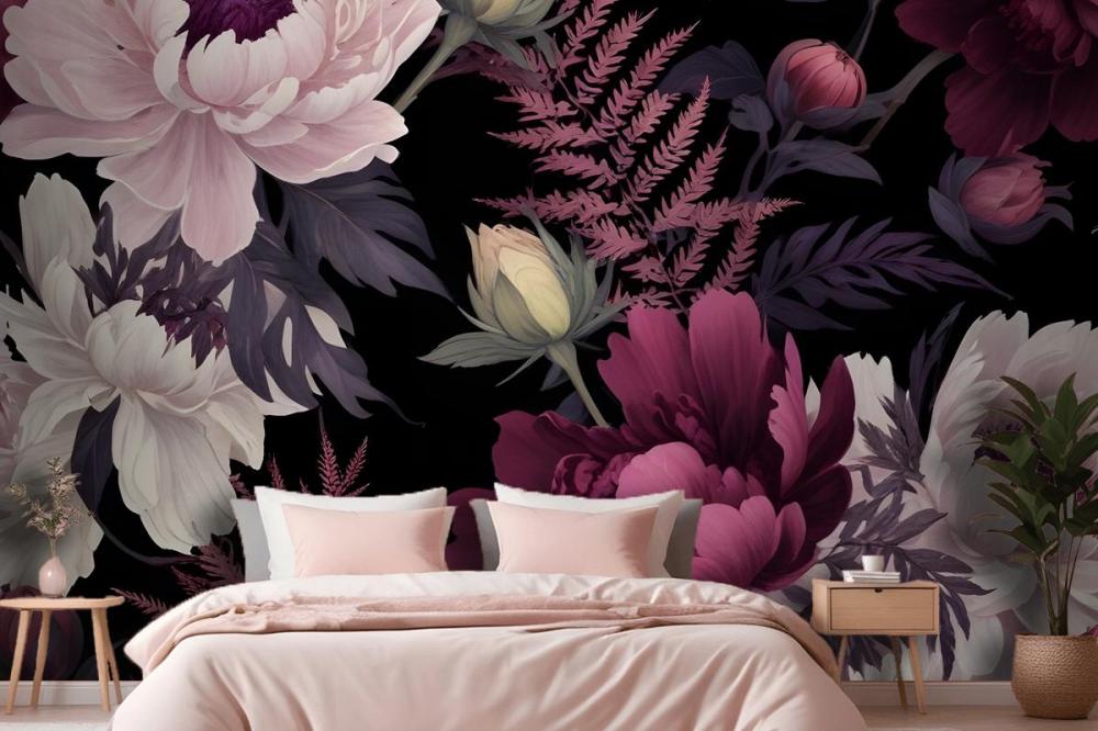 Dark Watercolor Colorful Peony Floral Wallpaper Mural