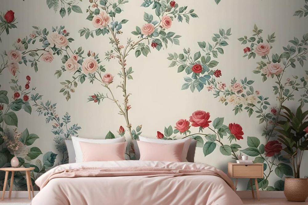 Detailed Floral Wallpaper Pattern Featuring Various Flowers And Plants Mural