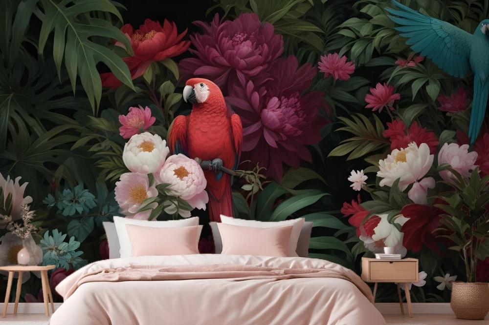 Digital Painting A Vibrant Tropical Floral Arrange Wallpaper Mural