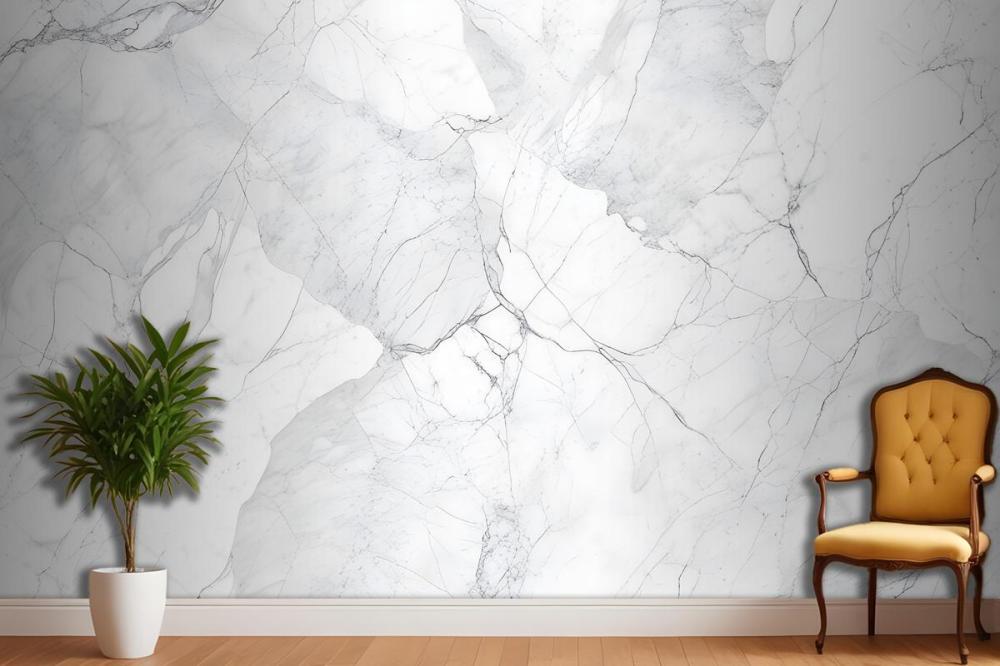 Elegant White Marble Texture With Intricate Gray Veining Wallpaper Mural