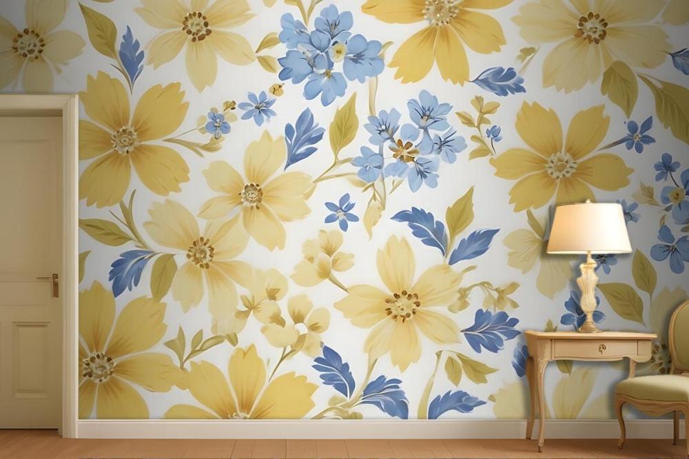 Floral Pattern With Large Yellow Flowers And Smaller Blue Flowers On A White Wallpaper Mural