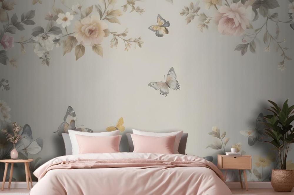Floral Wallpaper Pattern With Delicate Butterflies Mural