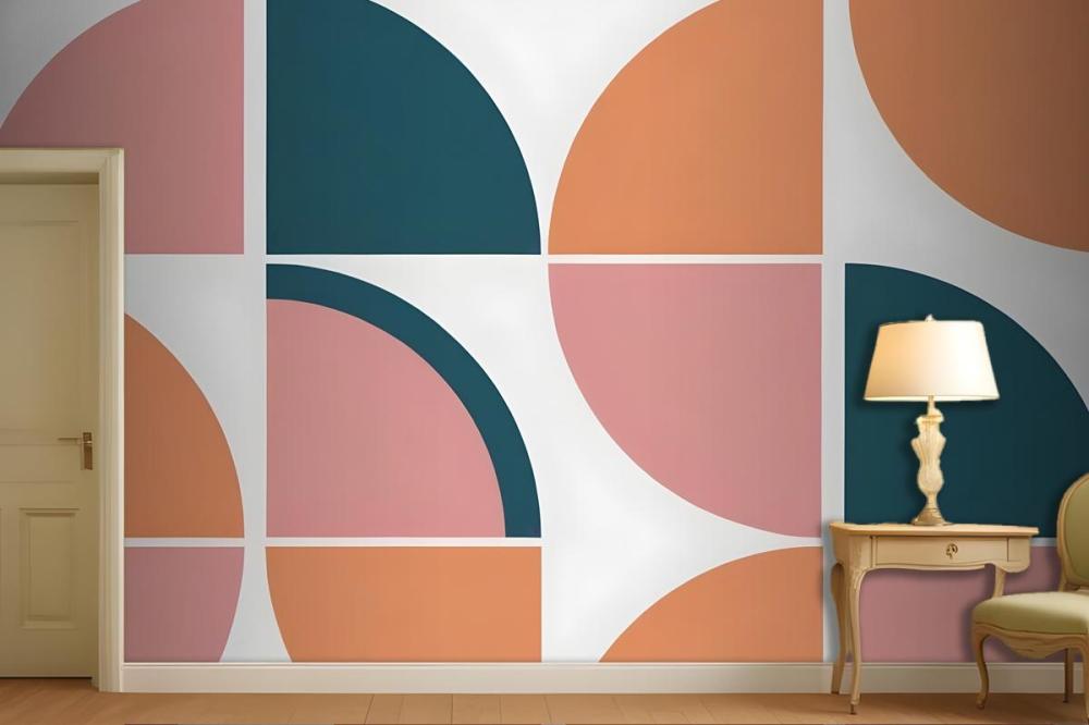 Geometric Abstract Pattern With Various Shapes And Colors Including Teal Peach And Pink Wallpaper Mural