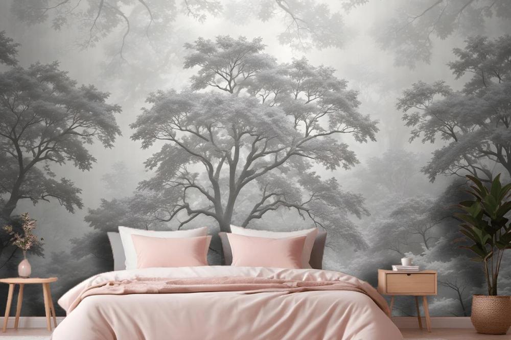 Gray Forest Illustration Etching Wallpaper Mural